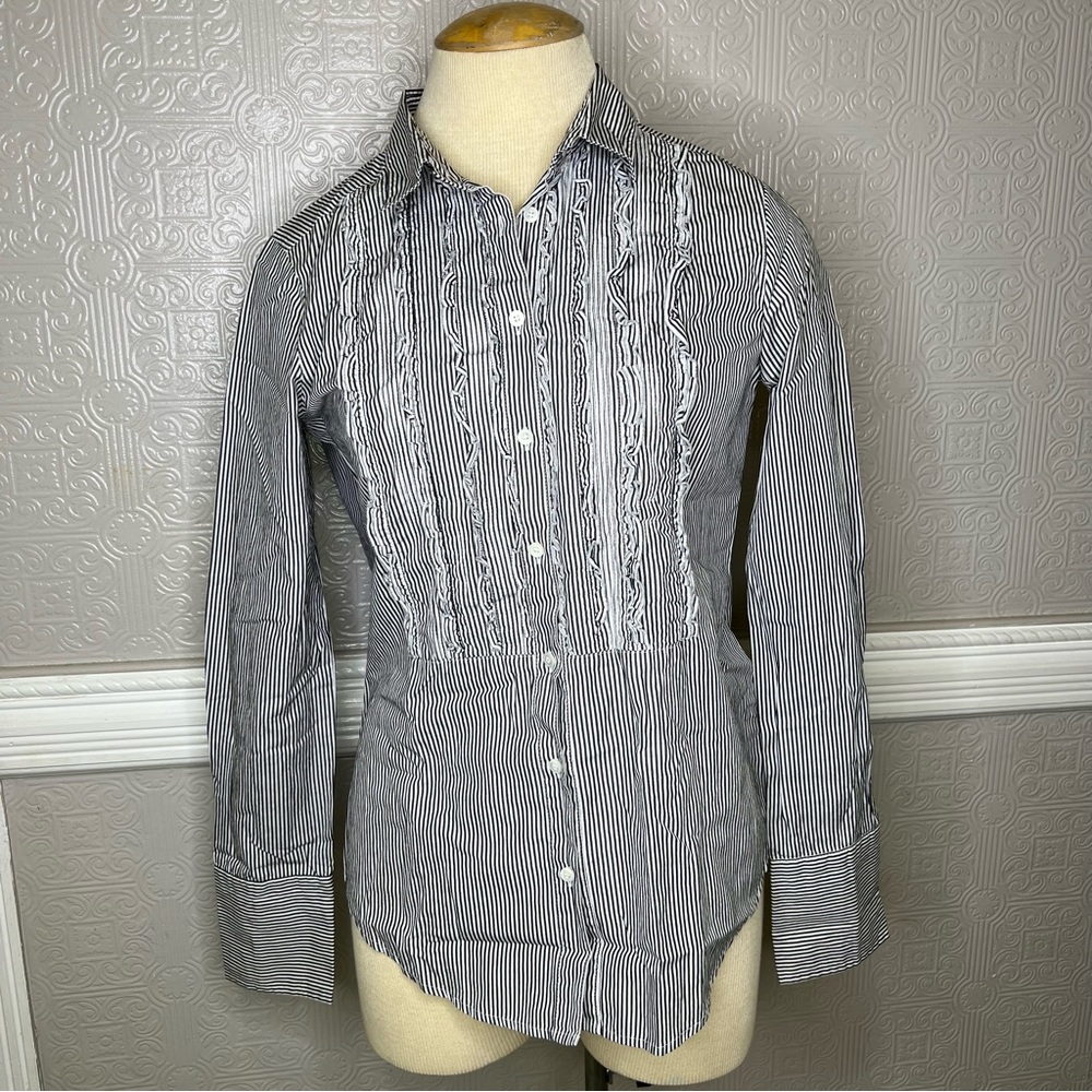 J Crew Women’s Ruffle Striped Button Up Long Sleeve Shirt Size 6